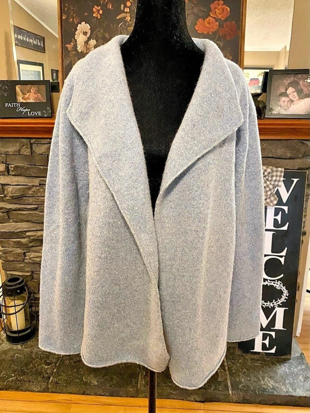 Eileen Fisher Lightweight Boiled Wool High Collar Open Front Jacket Open Front
